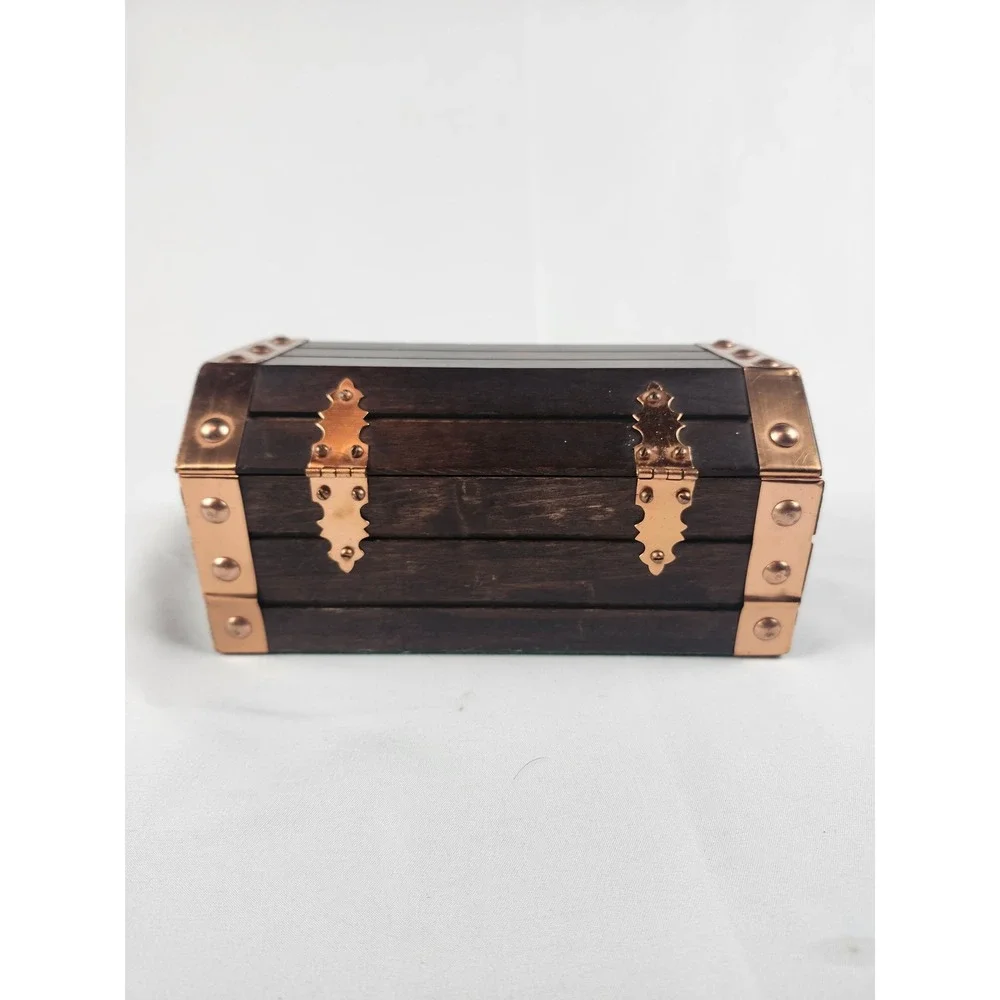 Vintage Wooden Treasure Chest Jewelry Box Japan Copper Accents Velvet Lining